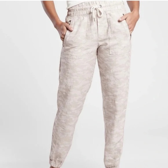 Athleta 6 Cabo Tide Linen Jogger Pants cream camo pull on zipper pockets - Picture 1 of 13